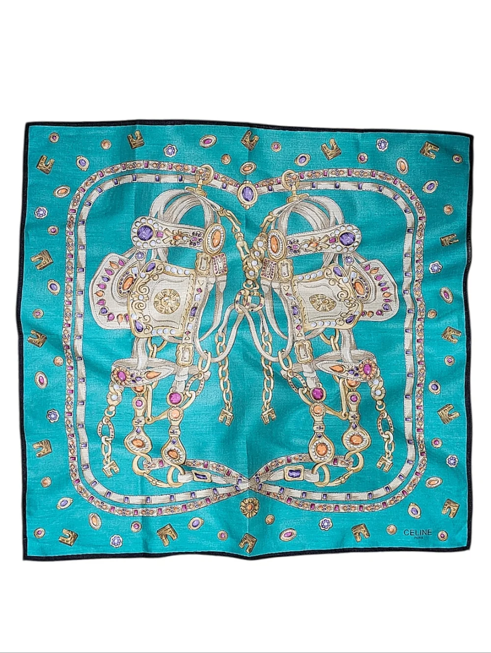 Celine Turquoise Silk Scarf with Gold and Jewel Accents